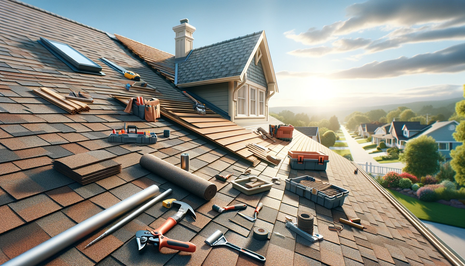 Roof repair work in Dallas Texas. Roof repair image with roofing tools including hammers nails and other professional roof repair tools. 