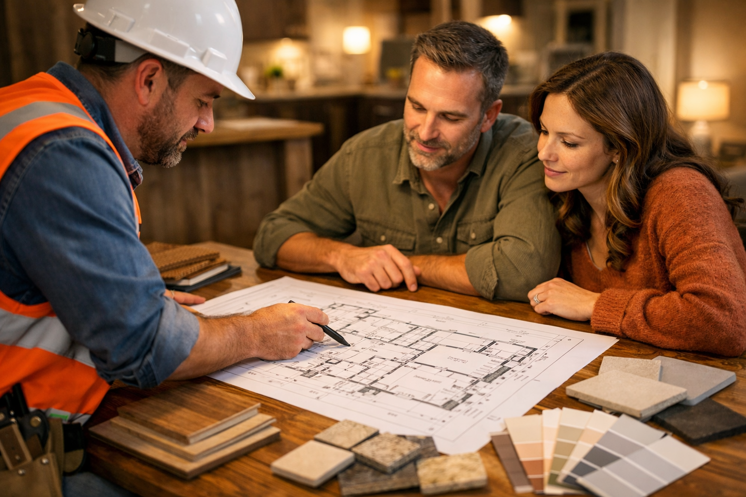 Detailed () image showing a professional home remodeling contractor in a hard hat and work vest consulting with a Dallas