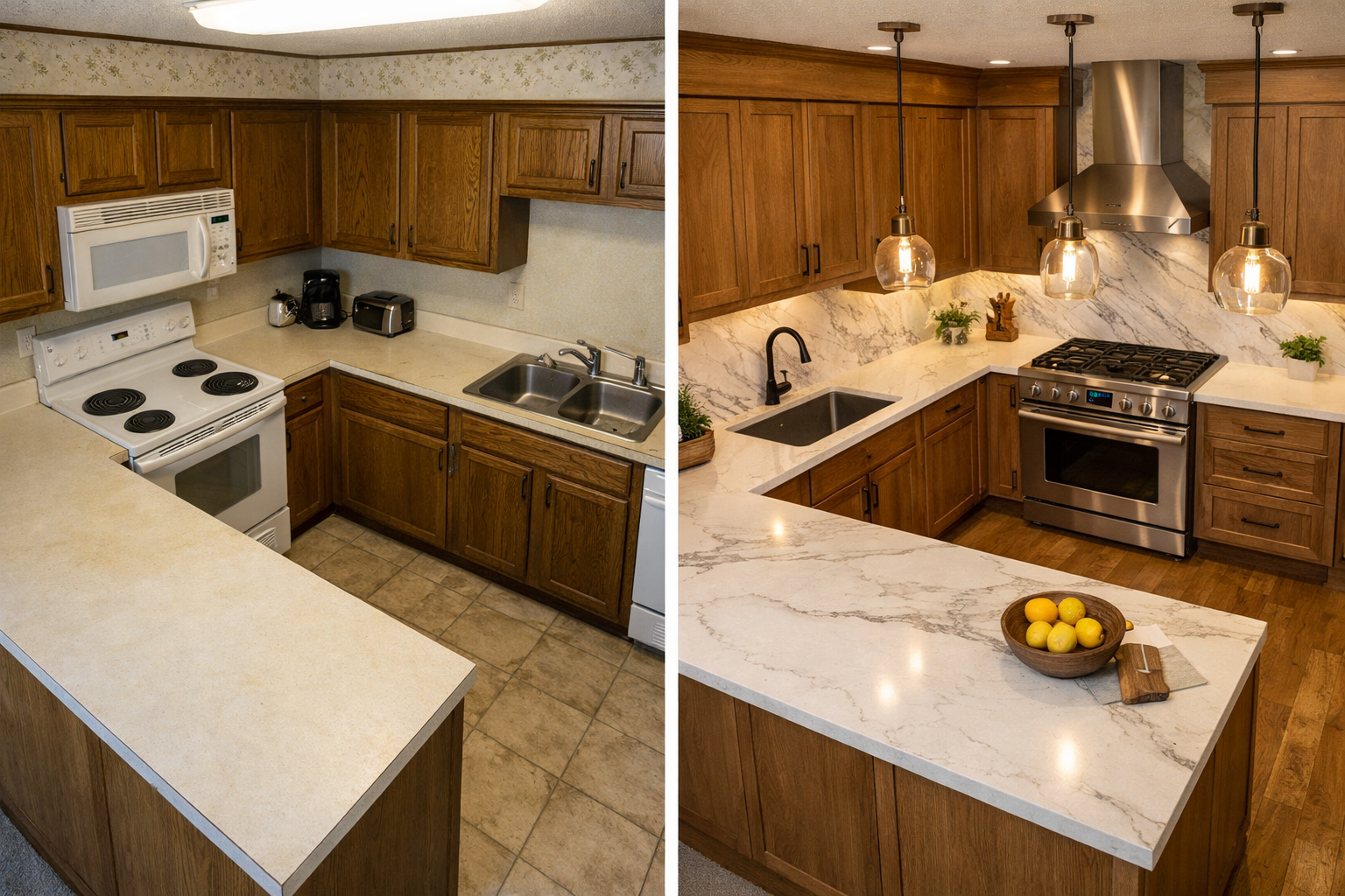 Detailed () image showing a side-by-side split-scene of a dated Dallas home kitchen before renovation with old laminate