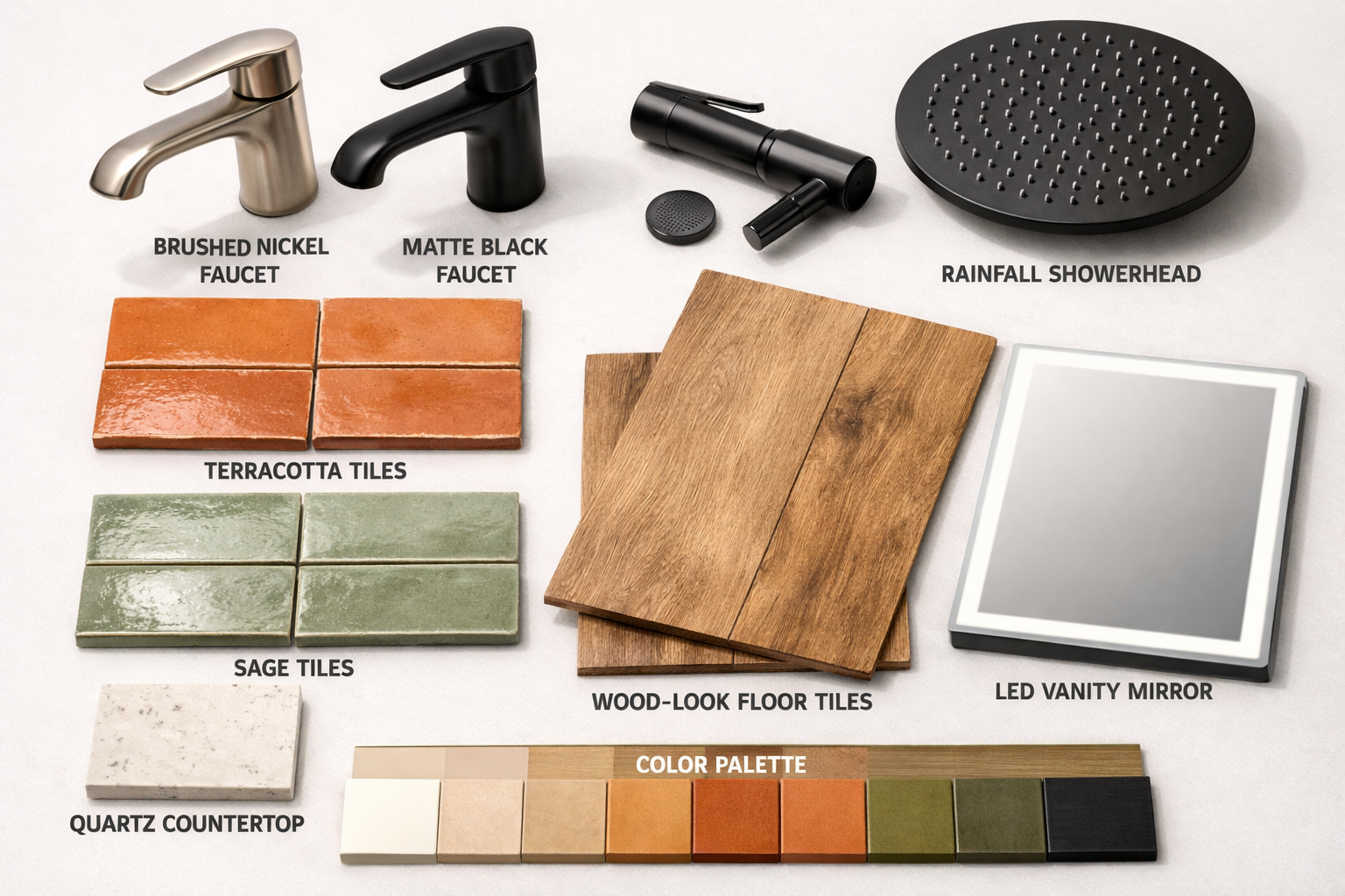 () detailed overhead and angled composite image of premium bathroom materials and fixtures laid out in a flat-lay : brushed