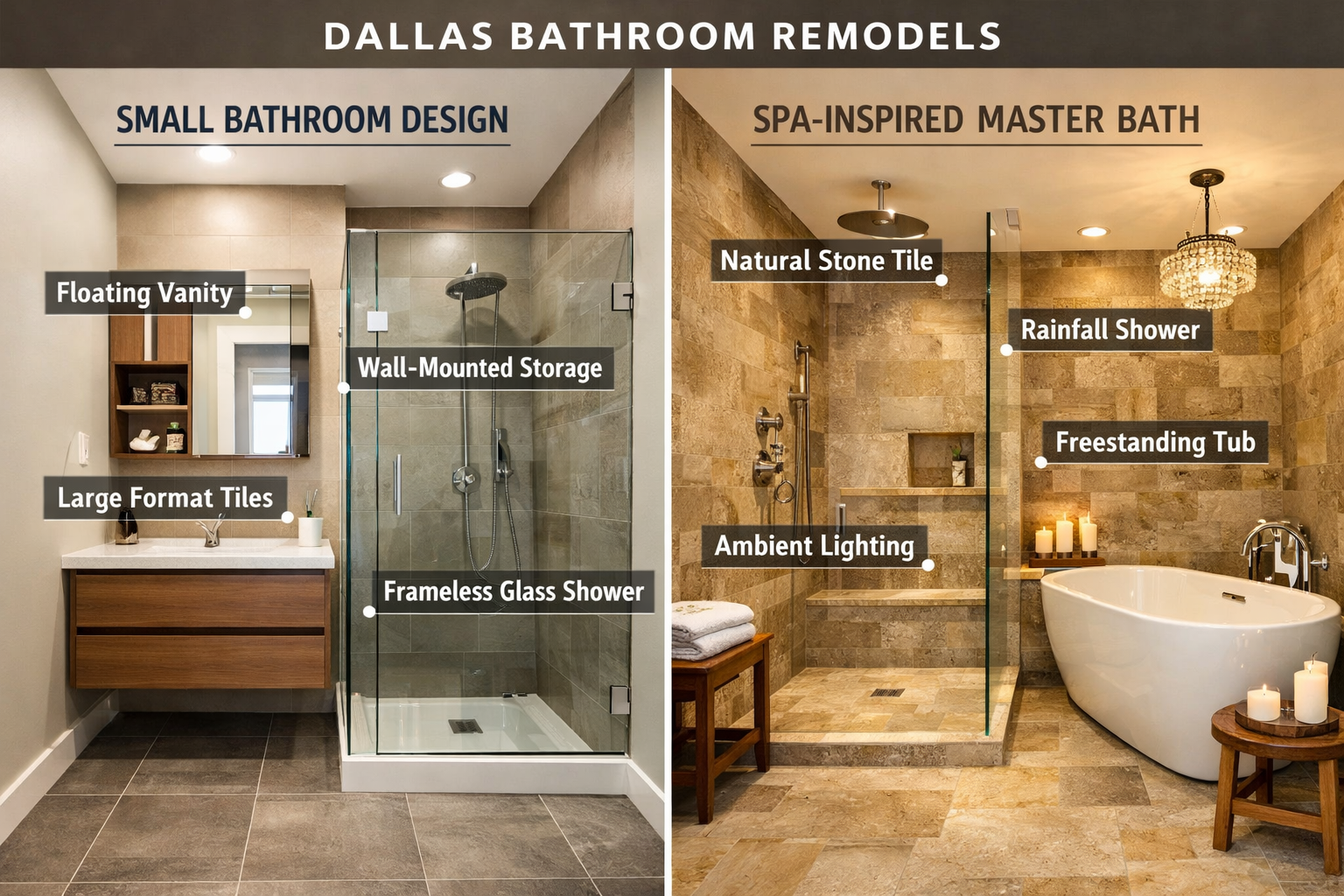 () editorial image showing a split-view comparison of two Dallas bathroom remodel styles side by side: left side features a