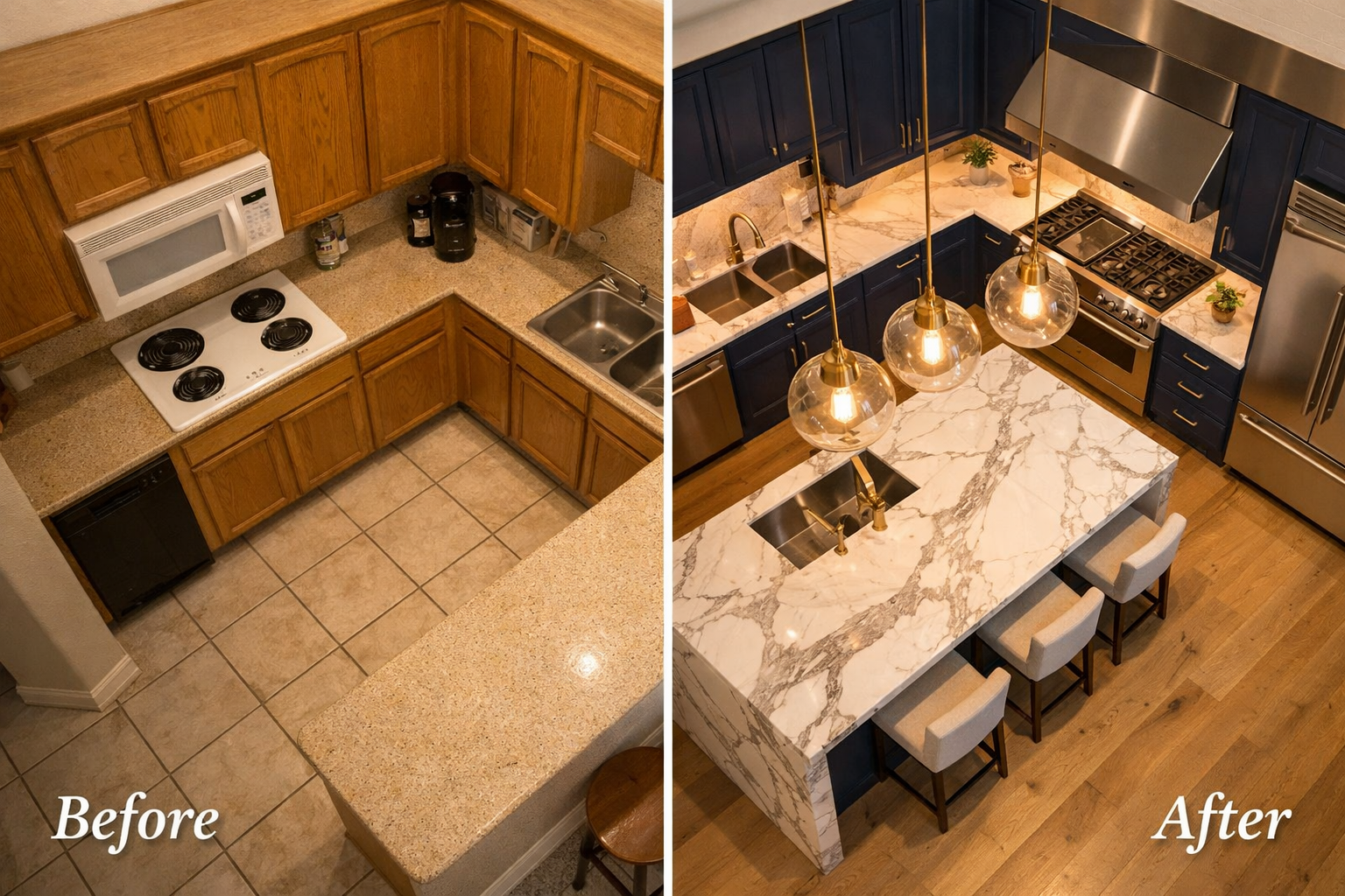 () editorial photo of a high-end Dallas luxury home renovation in progress: split-scene showing a before state of an