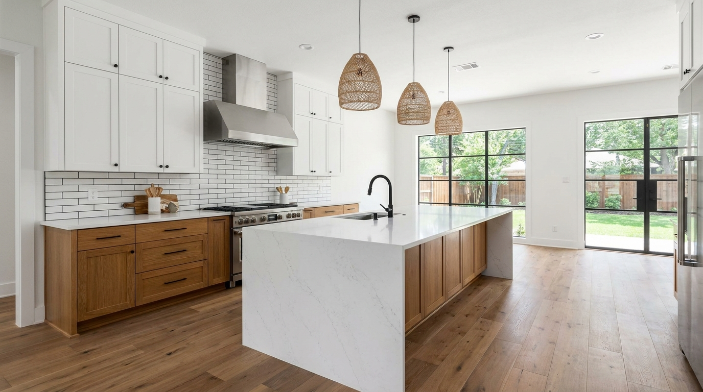 Newly remodeled kitchen with a quartz island and shaker cabinets in a Dallas, TX home