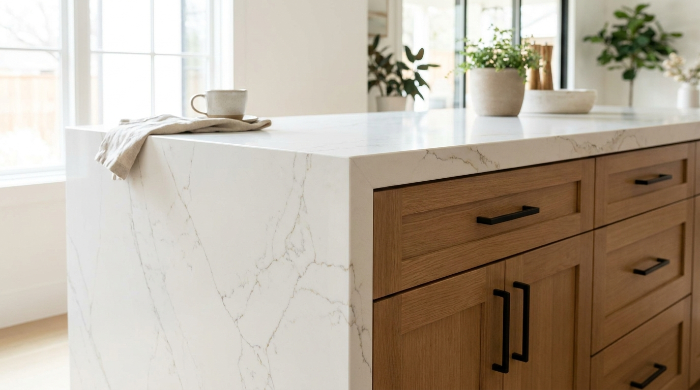 Close-up of a white quartz island and warm wood shaker cabinets in a Dallas kitchen remodel