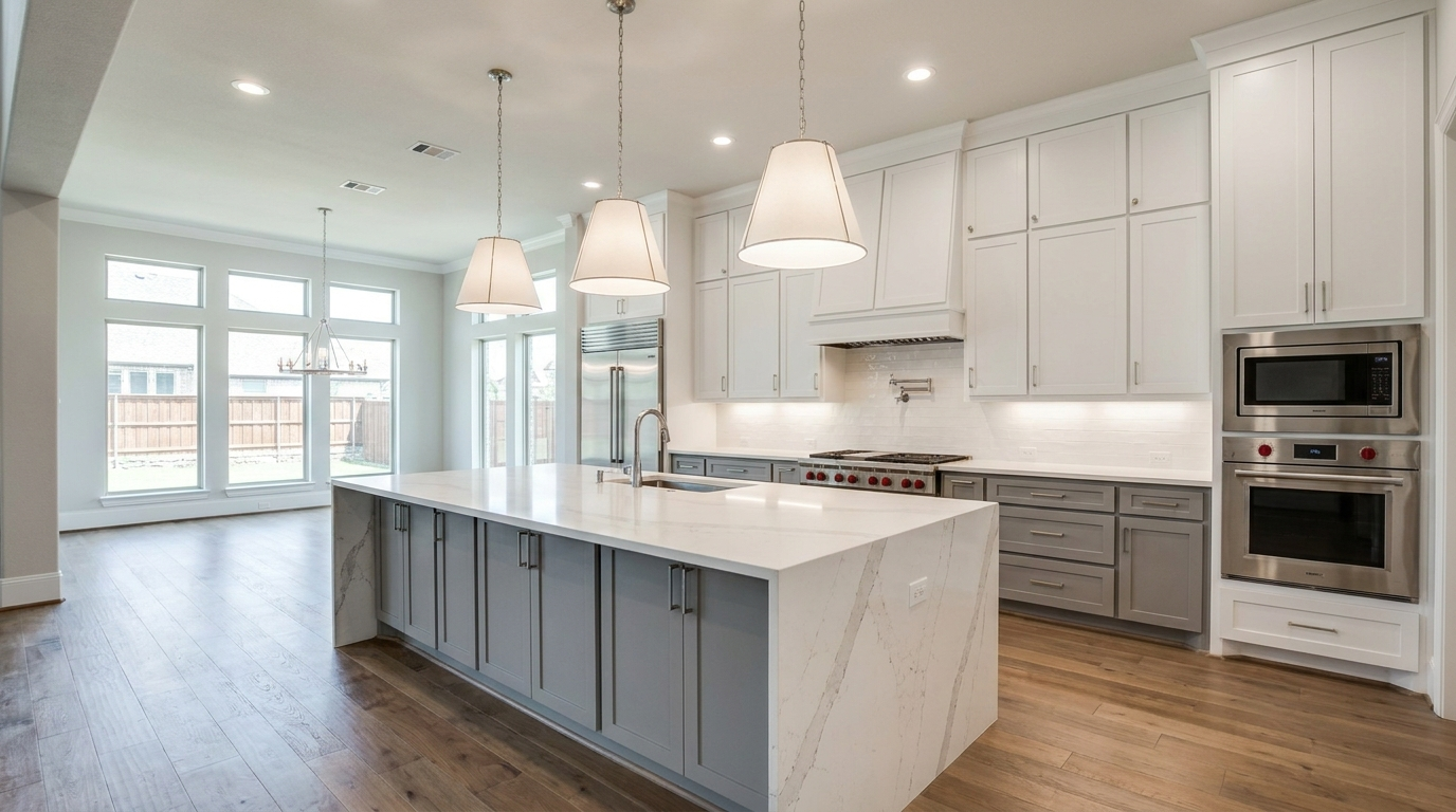 Open-concept remodeled kitchen with a large island in a Frisco, TX suburban home