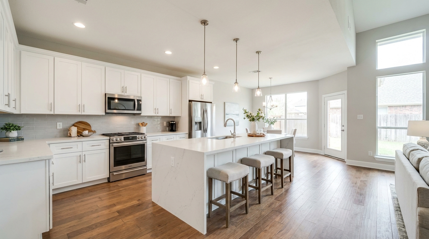 Newly remodeled modern kitchen in a Plano TX home with white shaker cabinets and a quartz island