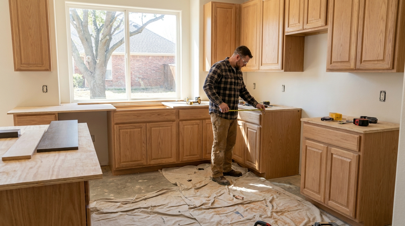 Plano kitchen remodel in progress with new cabinets being installed by a contractor