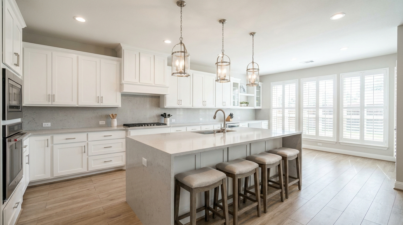 Completed modern white kitchen remodel in a Dallas home with quartz countertops and island, shown at the end of the renovation timeline