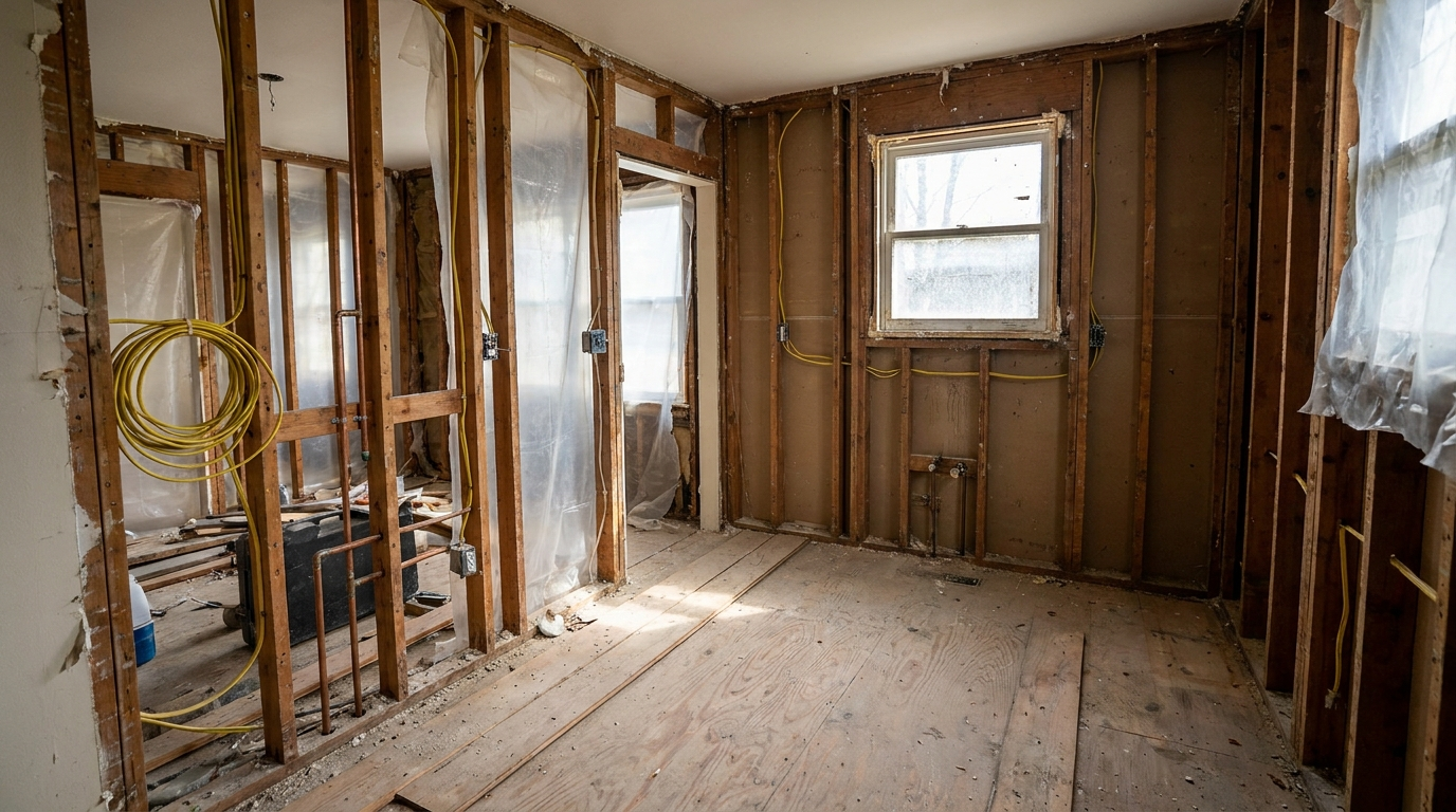 Kitchen during the demolition and rough-in phase of a remodel with exposed studs, new wiring, and plumbing before cabinets are installed