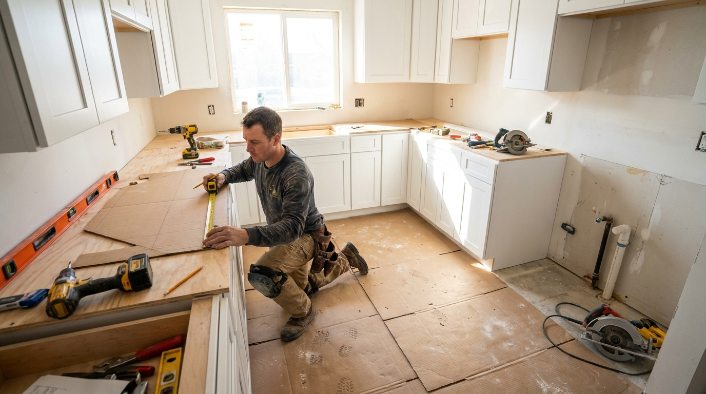 New white cabinets installed during a kitchen remodel while a contractor measures for countertop templating