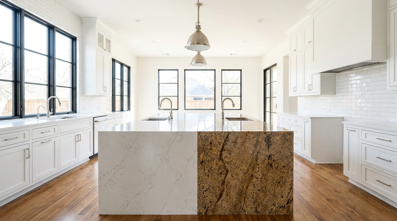 Split kitchen island comparing white quartz countertop and speckled granite countertop in a Dallas Fort Worth kitchen