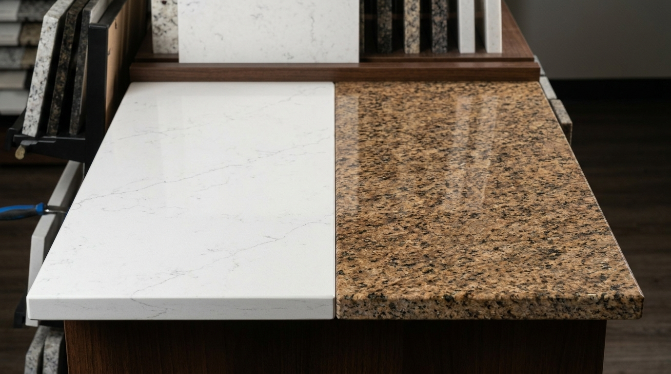 Engineered white quartz slab next to a natural speckled granite slab at a Dallas countertop fabricator showroom