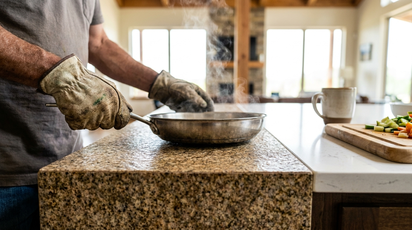 Hot stainless steel pan set directly on a granite countertop beside a quartz counter, showing granite heat resistance in a Texas kitchen