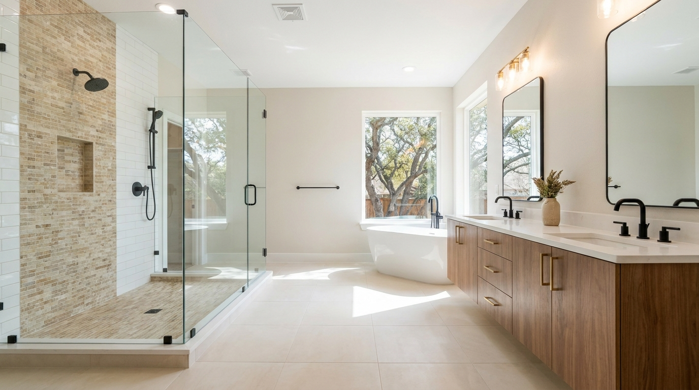 Finished master bathroom remodel in a Dallas home with a frameless glass walk-in shower, freestanding tub, and double quartz vanity