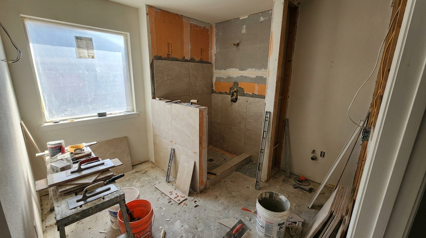 Dallas bathroom remodel in progress showing shower tile installation, waterproofing membrane, and plumbing rough-in that drive labor cost
