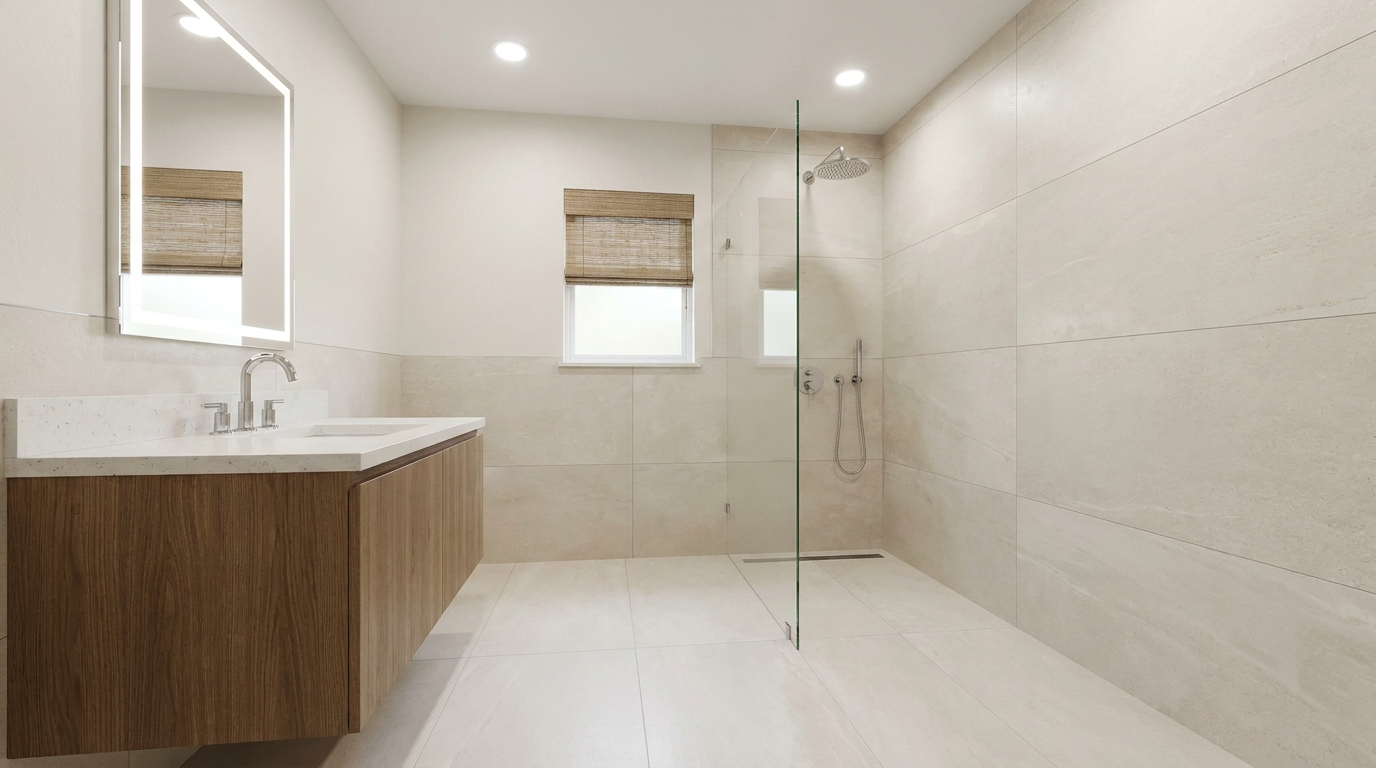 Small Dallas guest bathroom remodel with a curbless walk-in shower and floating vanity that keeps costs lower