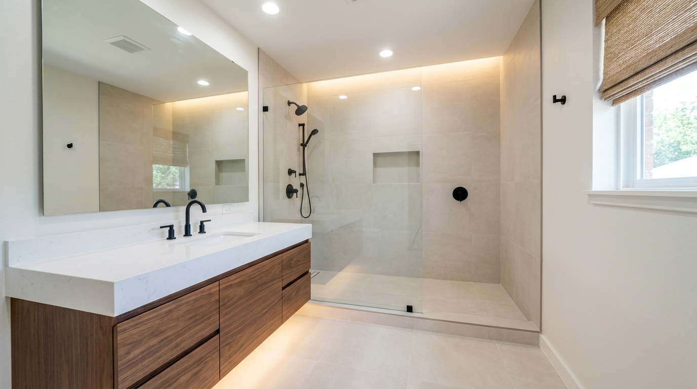 Small bathroom remodel in a Dallas home with a floating vanity, frameless glass walk-in shower, and large-format tile