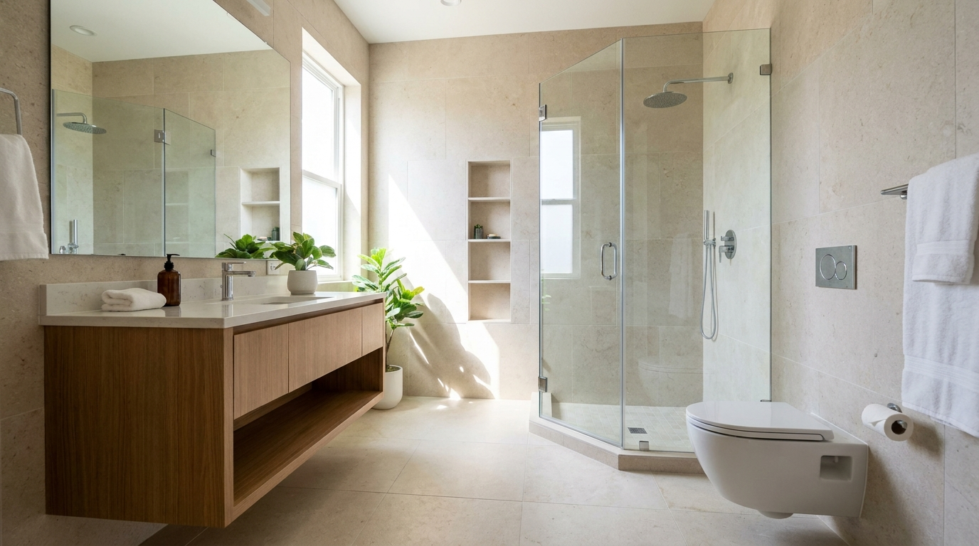 Space-saving small bathroom design in a DFW home with floating vanity, recessed storage niche, corner shower, and wall-hung toilet