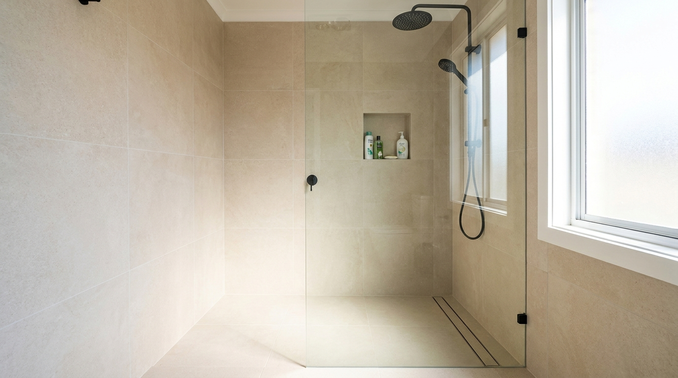 Curbless zero-threshold walk-in shower in a small Texas bathroom with large-format tile, linear drain, and built-in niche