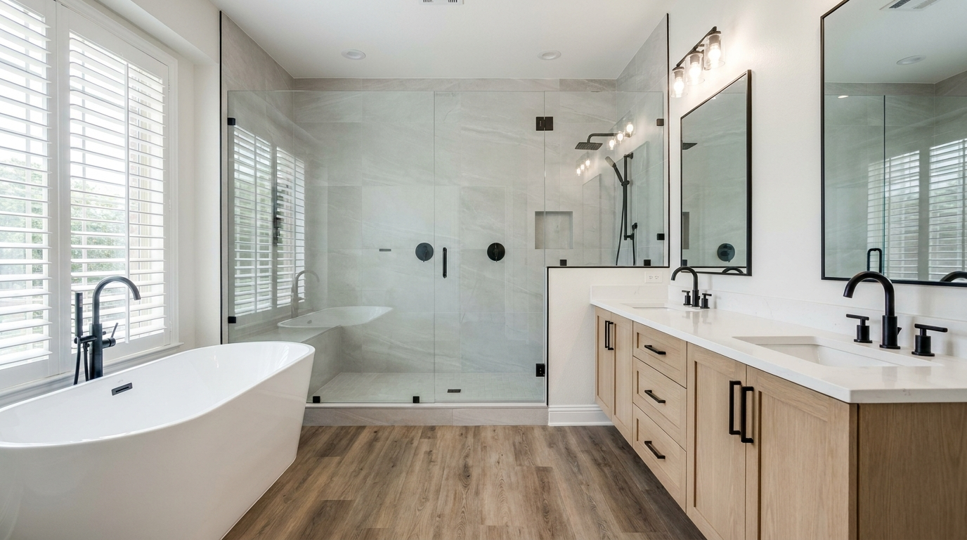 Remodeled primary bathroom in a Frisco TX home with a frameless walk-in shower, floating double vanity and freestanding tub