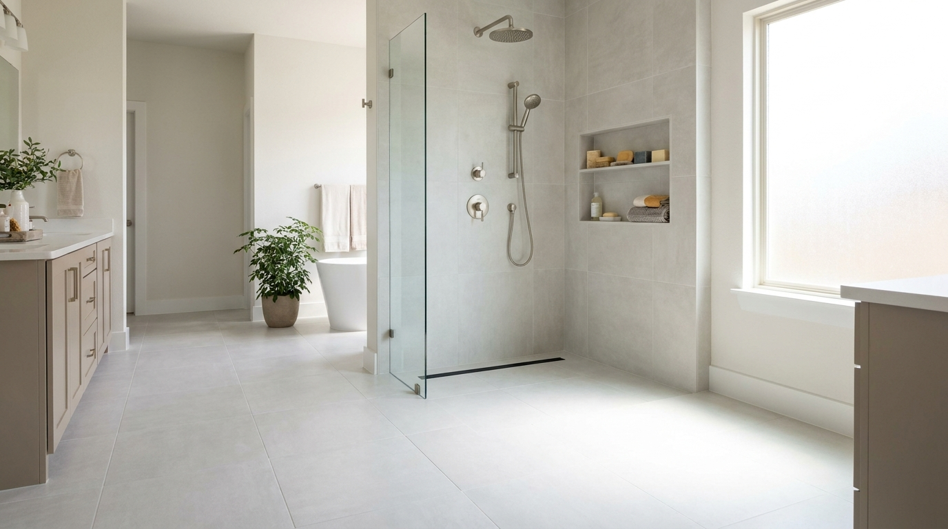 Curbless walk-in shower with zero threshold entry, linear drain and frameless glass in a Dallas Texas master bathroom