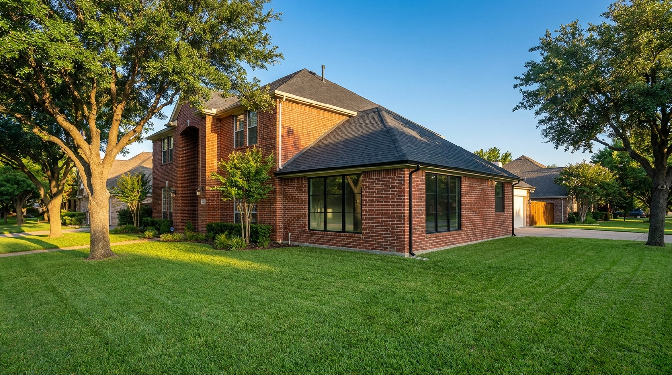 New single-story room addition with matching brick on a two-story McKinney TX home