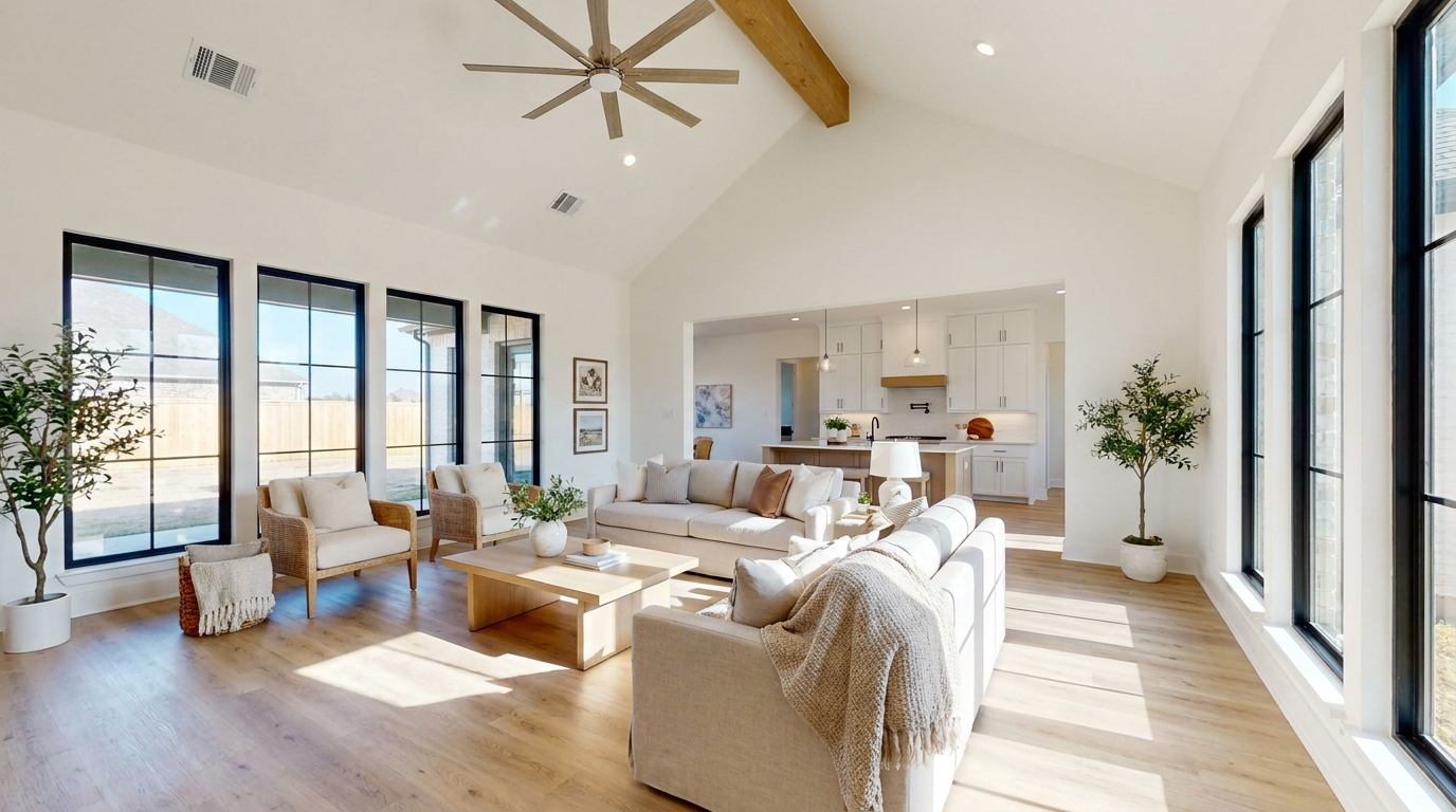 Bright new family room addition in a McKinney TX home with vaulted ceiling and large windows