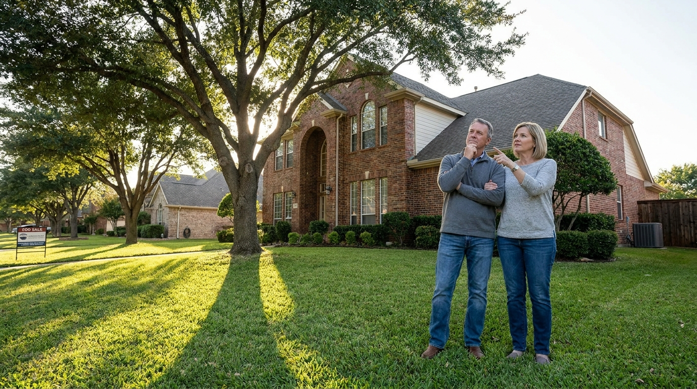DFW homeowner couple deciding whether to remodel vs move in front of a two-story North Texas brick home