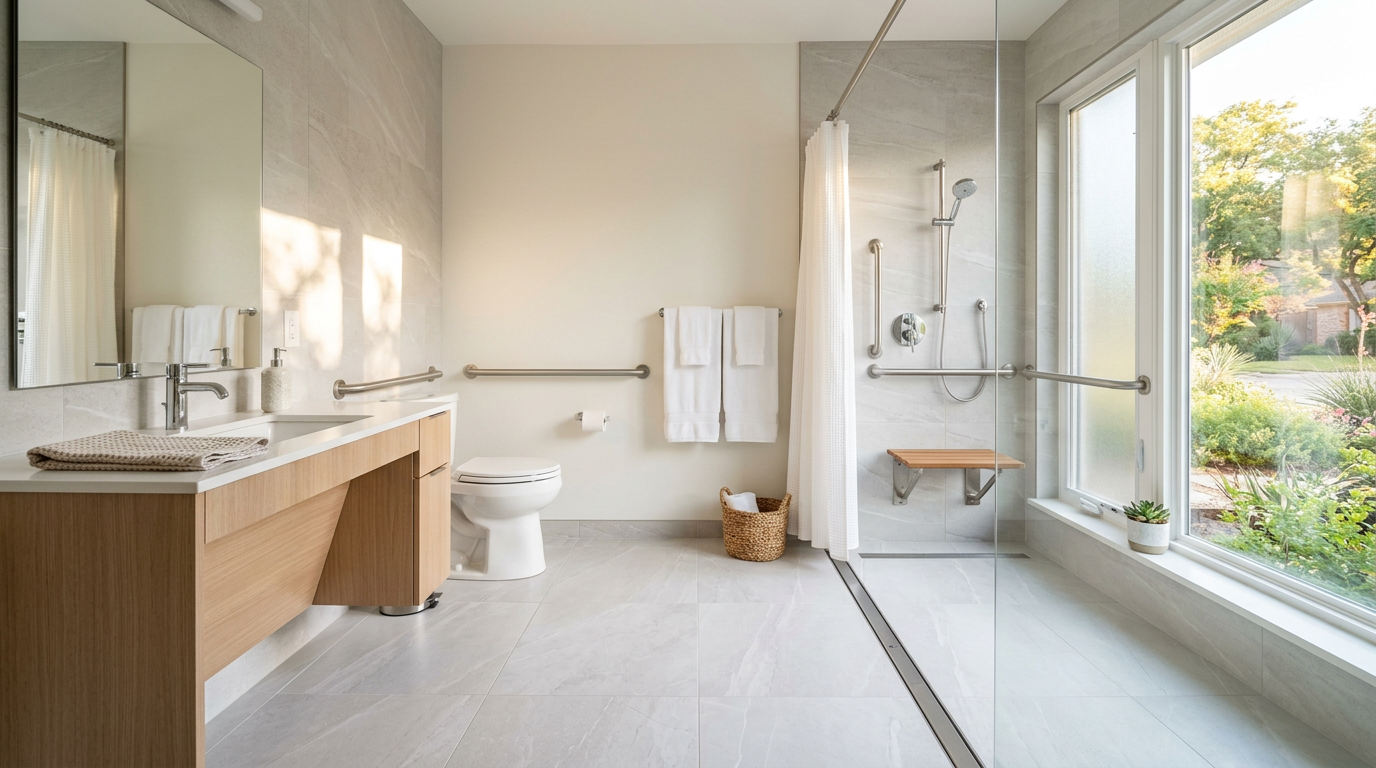 Accessible aging in place bathroom remodel in a Dallas home with a curbless walk-in shower, grab bars, and comfort-height floating vanity