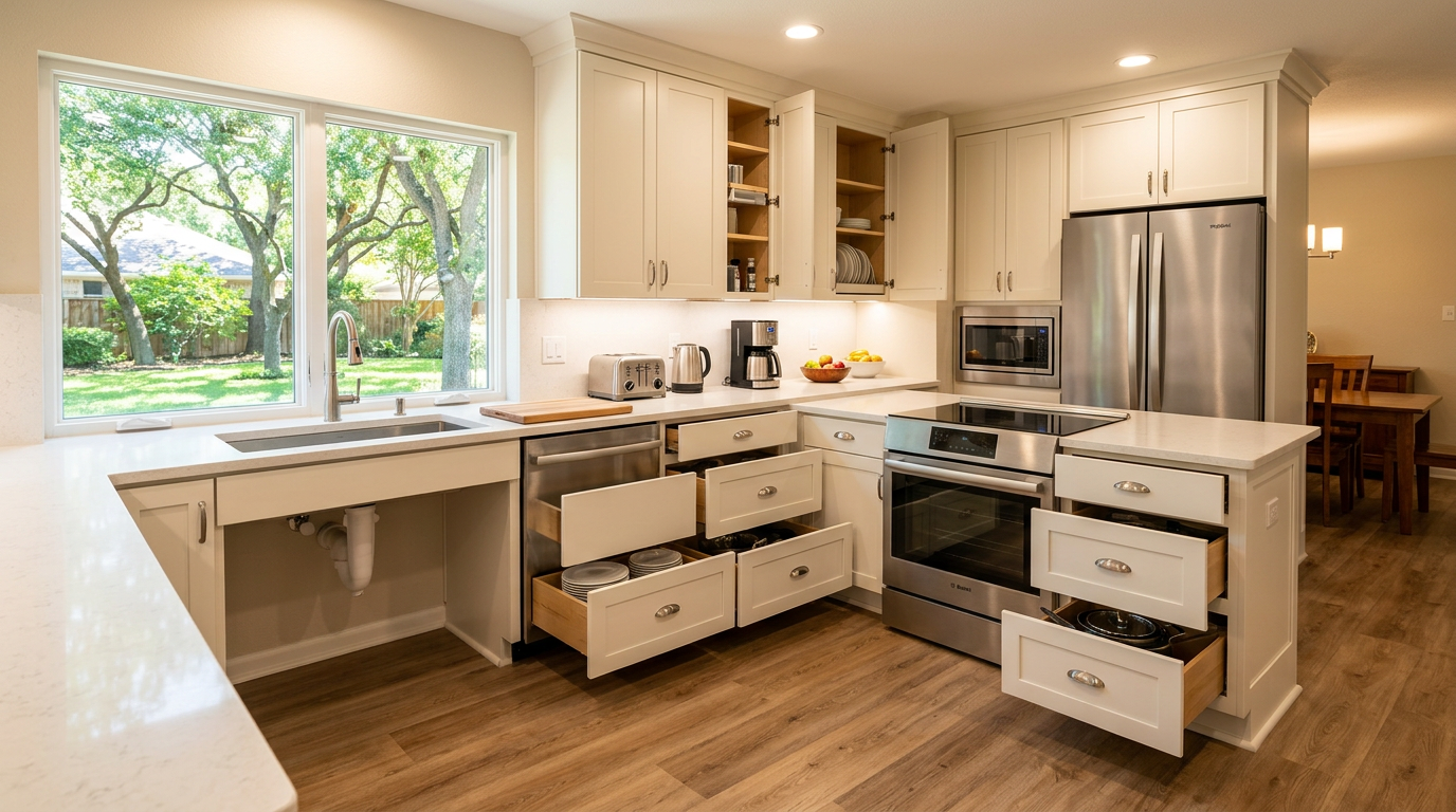Accessible aging in place kitchen with a roll-under sink, pull-out drawers, and lever faucet in a North Texas home