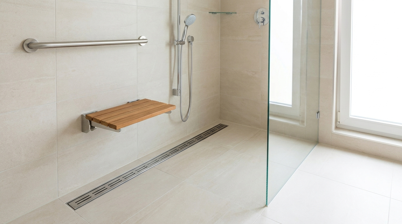 Curbless zero-threshold roll-in shower with a stainless grab bar, fold-down seat, and linear drain for wheelchair access