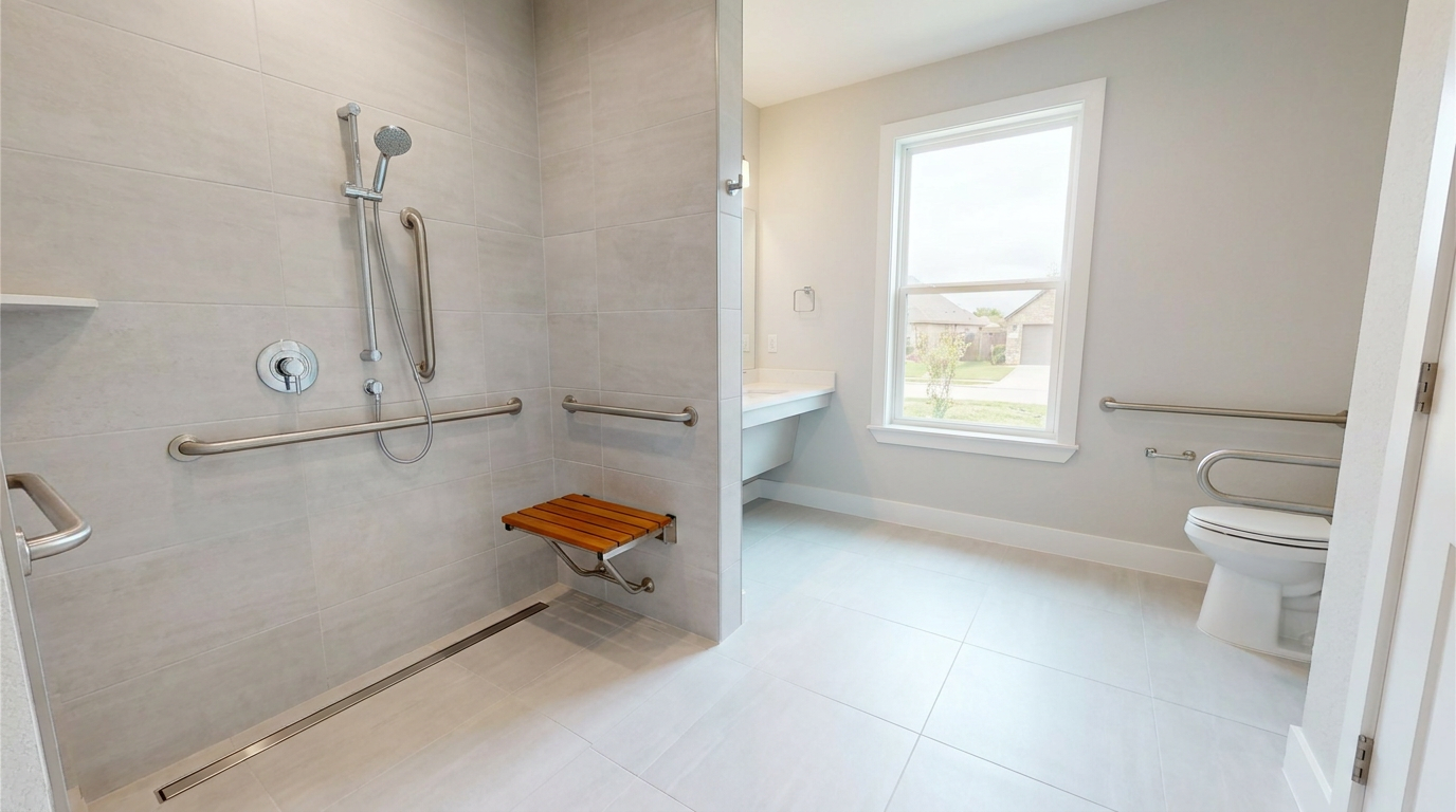Wheelchair accessible bathroom in a Dallas home with a curbless roll-in shower, grab bars, and fold-down seat