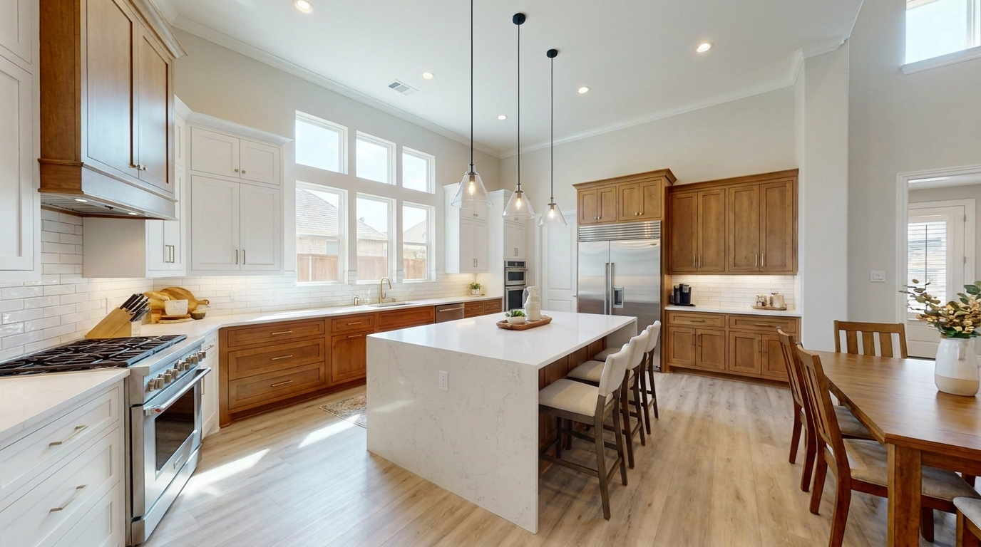 Newly remodeled modern transitional kitchen in a Frisco TX home with white cabinets, quartz island, and pendant lighting