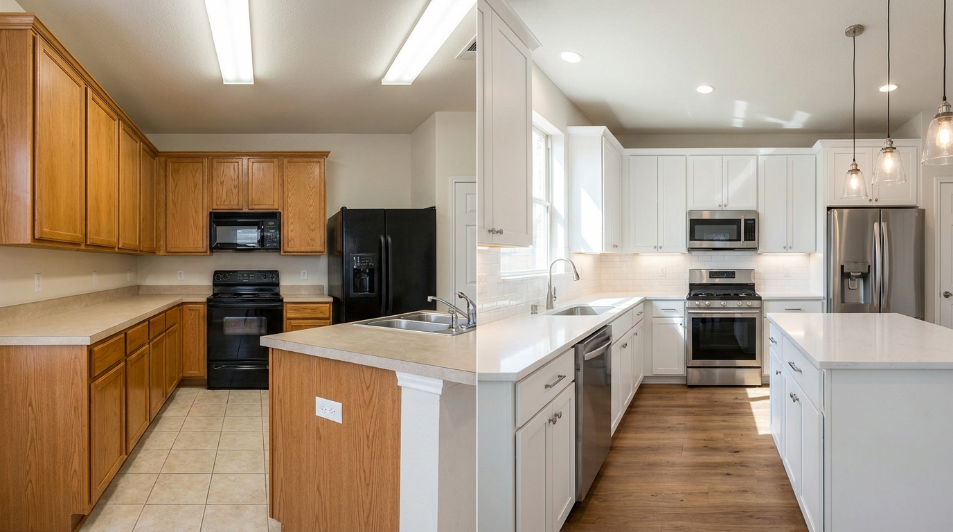Before and after of a Frisco TX kitchen remodel showing dated oak builder-grade cabinets transformed into bright white cabinets with quartz counters