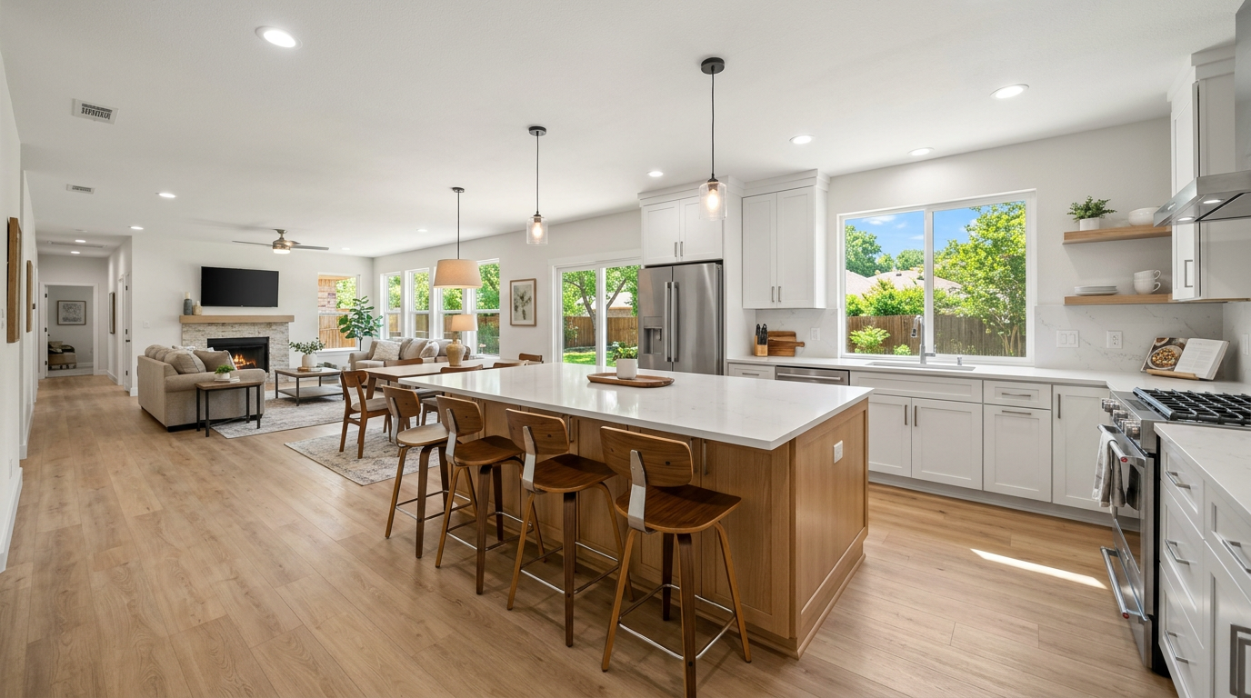 Open concept kitchen in a Dallas home after a wall was removed, with island seating and quartz counters