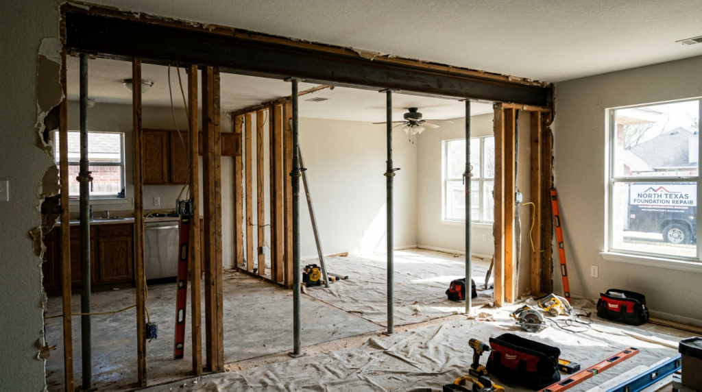 Steel support beam spanning a new opening where a load-bearing wall was removed to open up a Dallas kitchen