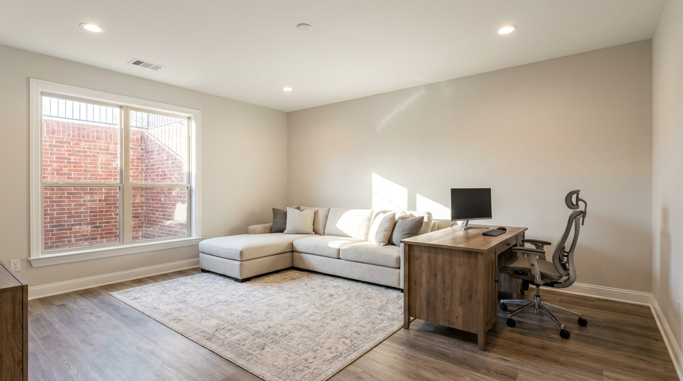 Converted two-car garage in a Dallas home used as a bright finished living and office space with vinyl plank flooring and an egress window