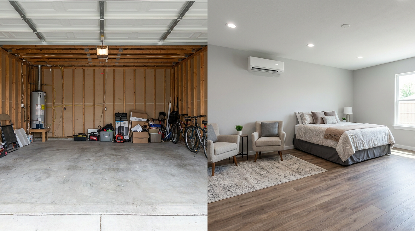 Before and after of a North Texas garage conversion, from an unfinished garage with bare concrete to a finished in-law suite with flooring and a mini-split