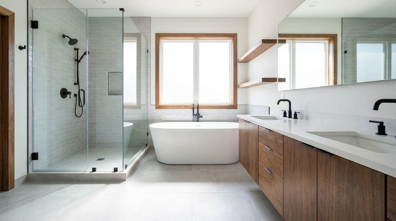 Remodeled primary bathroom in a Plano Texas home with walk-in glass shower, double vanity, and freestanding tub