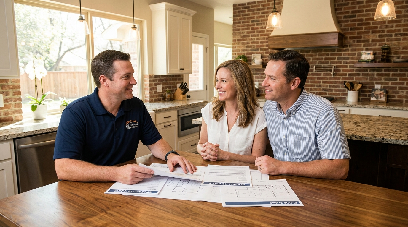 Remodeling contractor reviewing an itemized quote with homeowners at a kitchen table in a Dallas-Fort Worth home