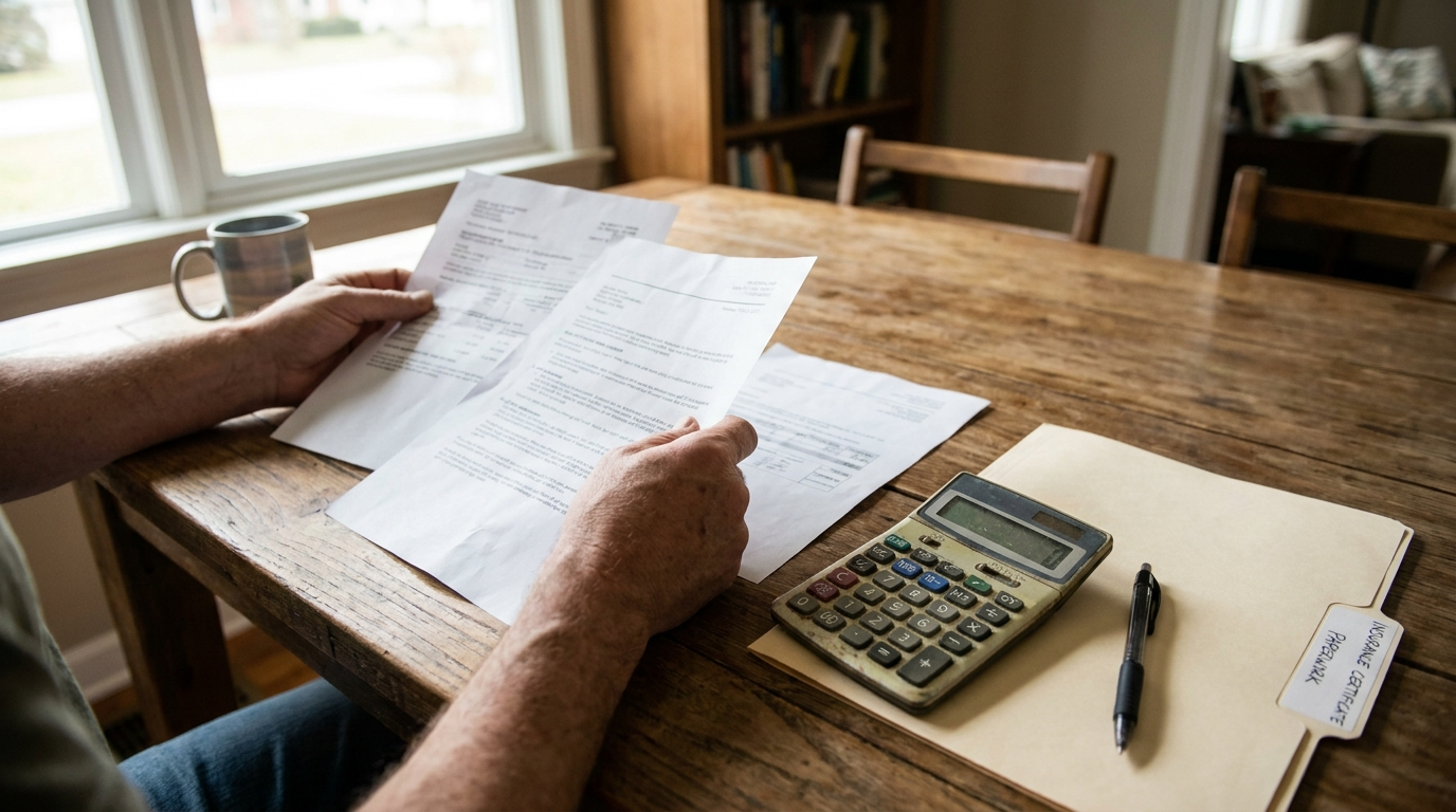 Homeowner comparing three itemized remodeling contractor bids side by side with insurance paperwork