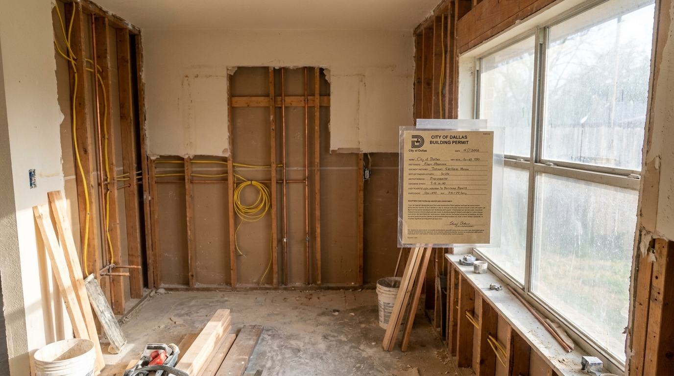 Dallas kitchen remodel mid-project with walls open, new plumbing and electrical rough-in, and a building permit card posted in the window