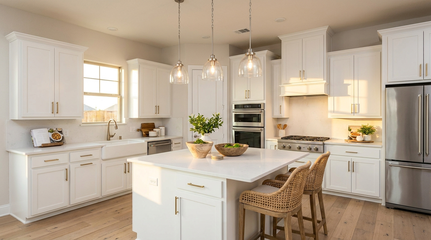 Finished kitchen remodel in a Dallas home with white shaker cabinets, quartz island, and pendant lighting after final inspection