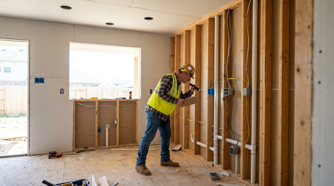 City building inspector reviewing rough-in electrical wiring and plumbing during a kitchen remodel inspection in a Texas home