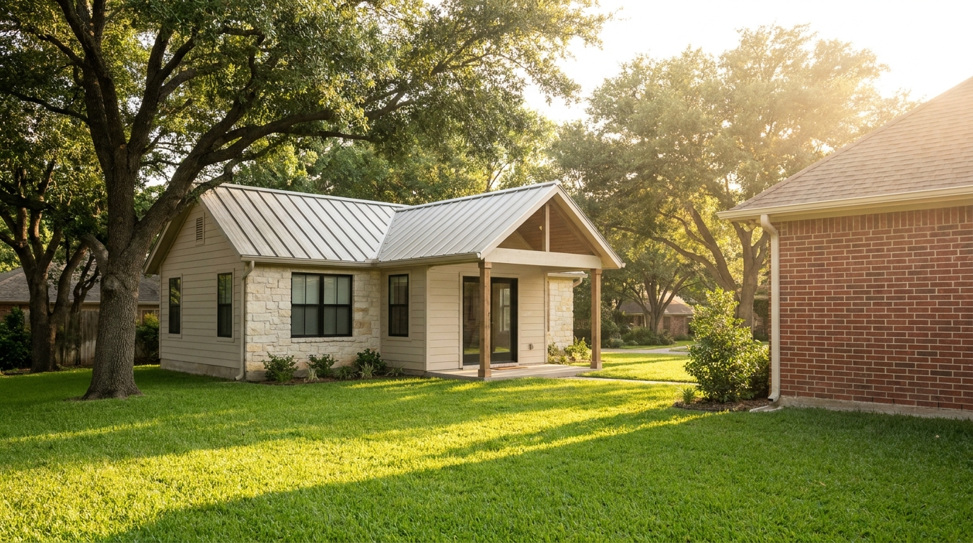 Detached ADU in a Dallas backyard used as a mother-in-law suite behind a brick single-family home