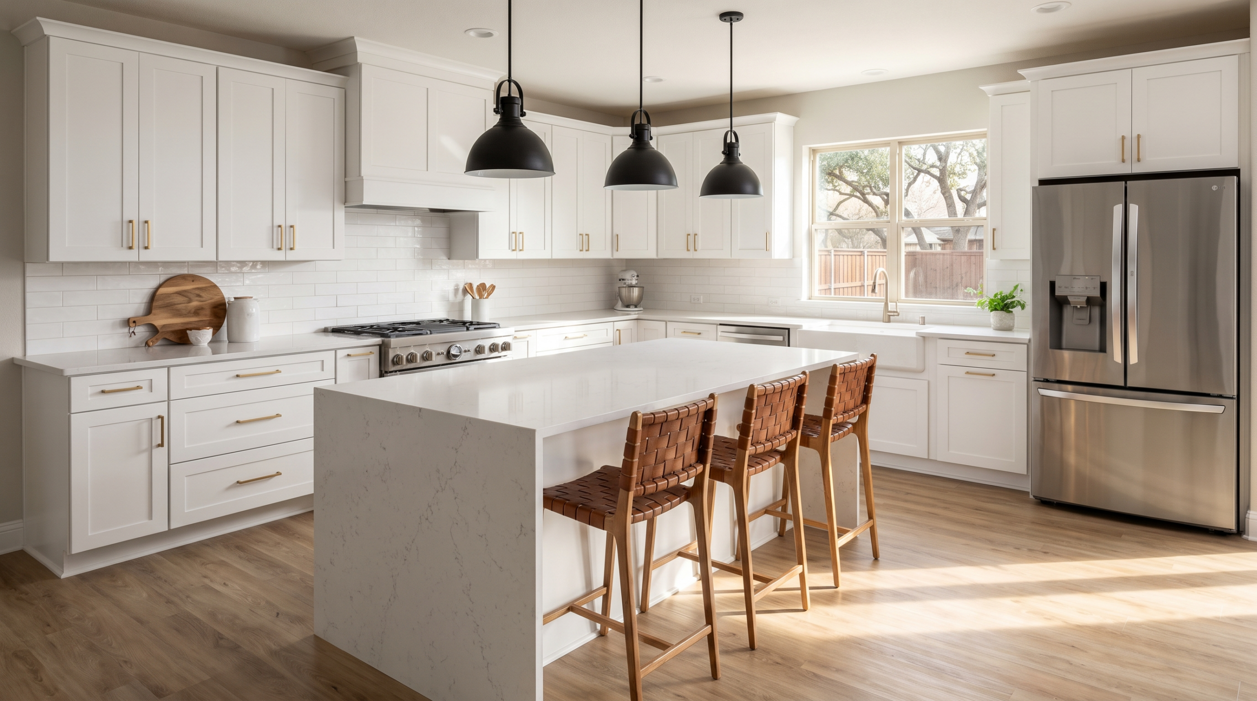 Remodeled kitchen in a McKinney TX home with white shaker cabinets, quartz island, and light oak flooring