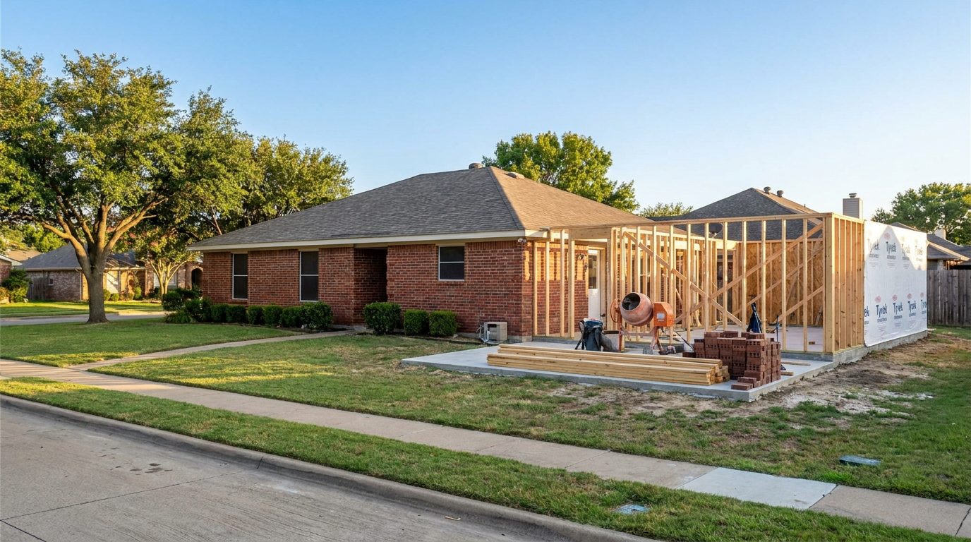 Room addition framing attached to a red brick North Texas home, the kind of project financed with a home equity loan or HELOC