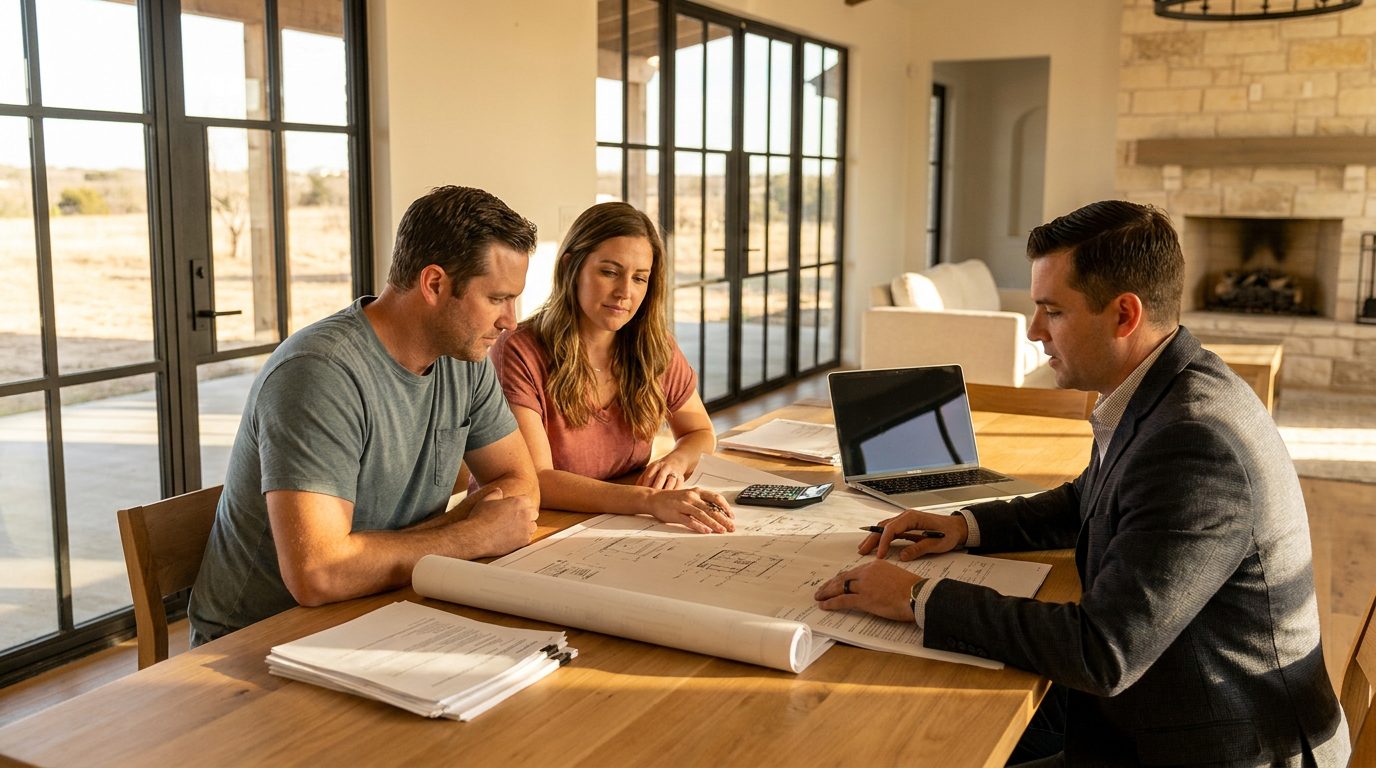 Texas homeowners reviewing how to finance a home addition with a remodeling consultant at their kitchen table